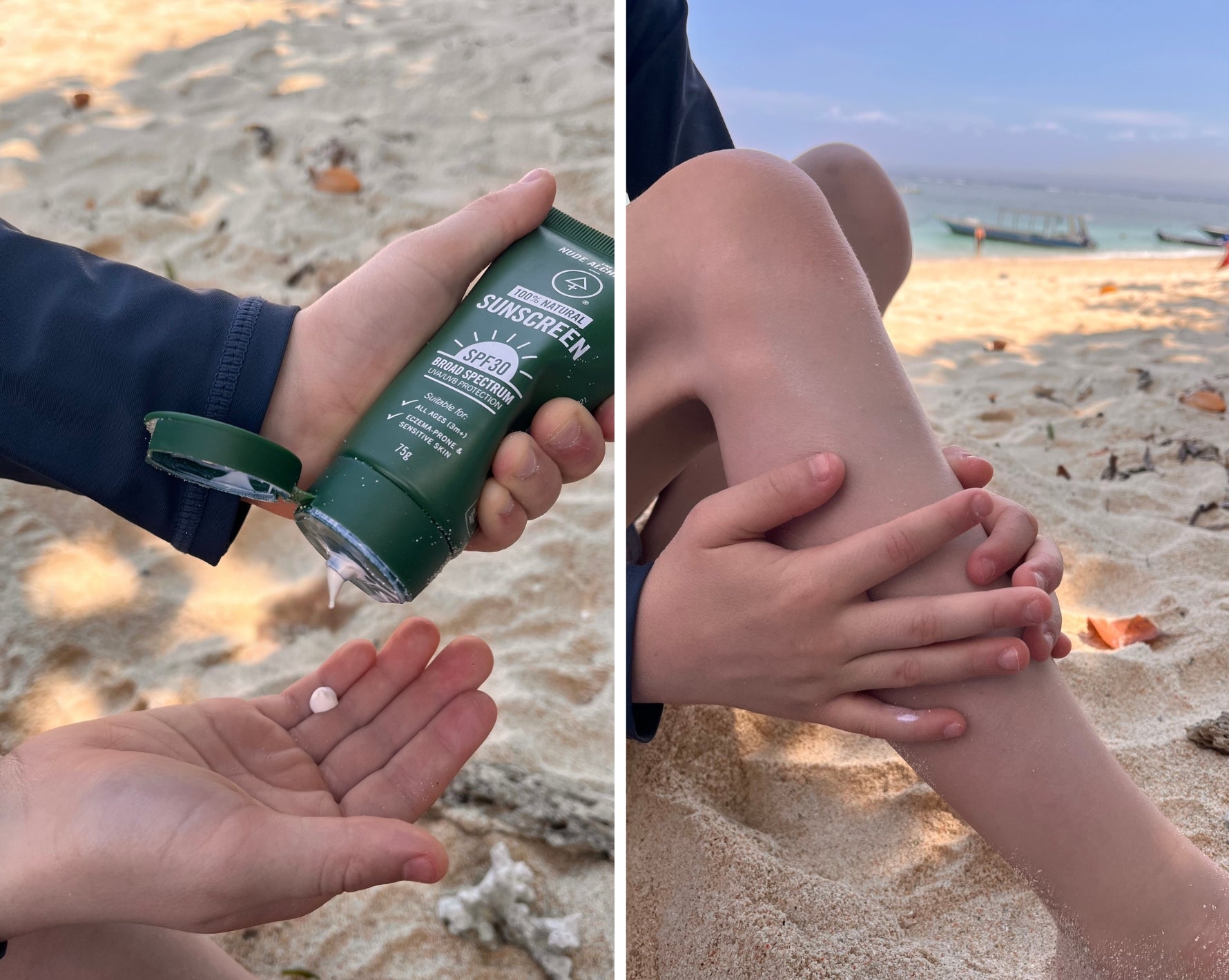 Applying sunscreen to a child's knee on a beach.