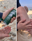 Applying sunscreen to a child's knee on a beach.