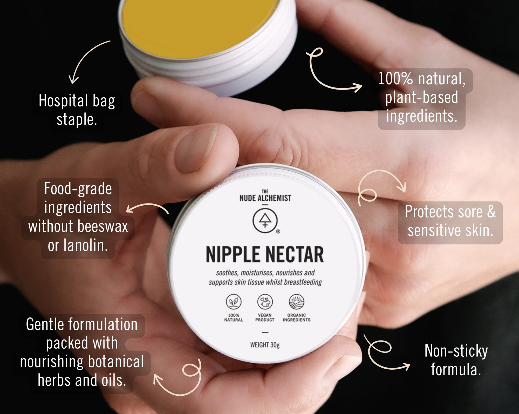A person's hands holding a round white jar labeled 'NIPPLE NECTAR' by 'THE NUDE ALCHEMIST' against a dark background, with several callout text overlays describing product features.